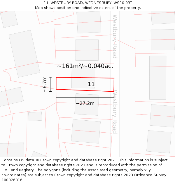 11, WESTBURY ROAD, WEDNESBURY, WS10 9RT: Plot and title map