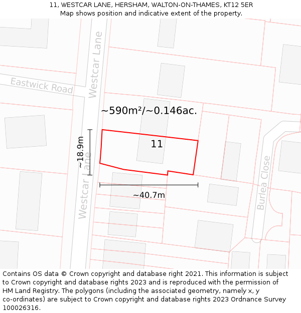 11, WESTCAR LANE, HERSHAM, WALTON-ON-THAMES, KT12 5ER: Plot and title map