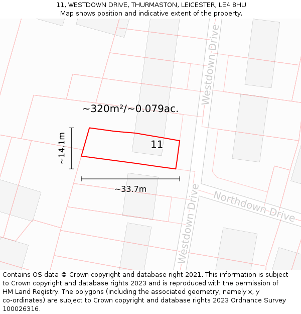 11, WESTDOWN DRIVE, THURMASTON, LEICESTER, LE4 8HU: Plot and title map