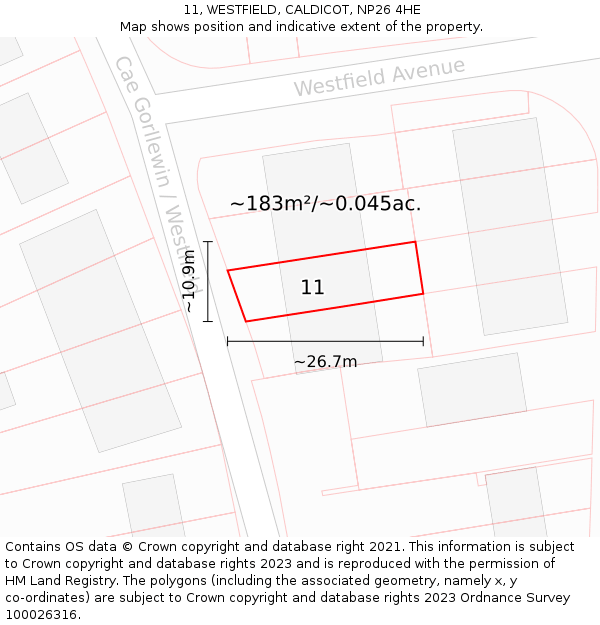 11, WESTFIELD, CALDICOT, NP26 4HE: Plot and title map