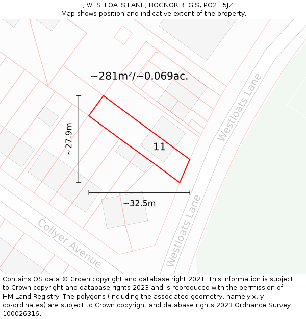 11, WESTLOATS LANE, BOGNOR REGIS, PO21 5JZ: Plot and title map