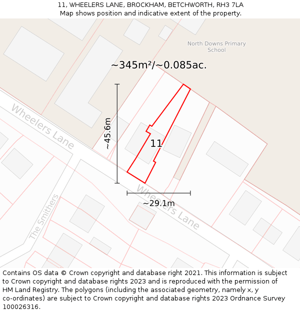 11, WHEELERS LANE, BROCKHAM, BETCHWORTH, RH3 7LA: Plot and title map