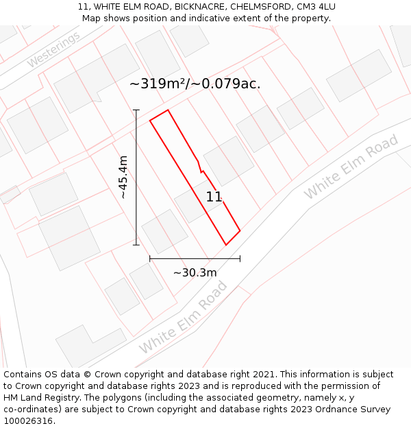 11, WHITE ELM ROAD, BICKNACRE, CHELMSFORD, CM3 4LU: Plot and title map