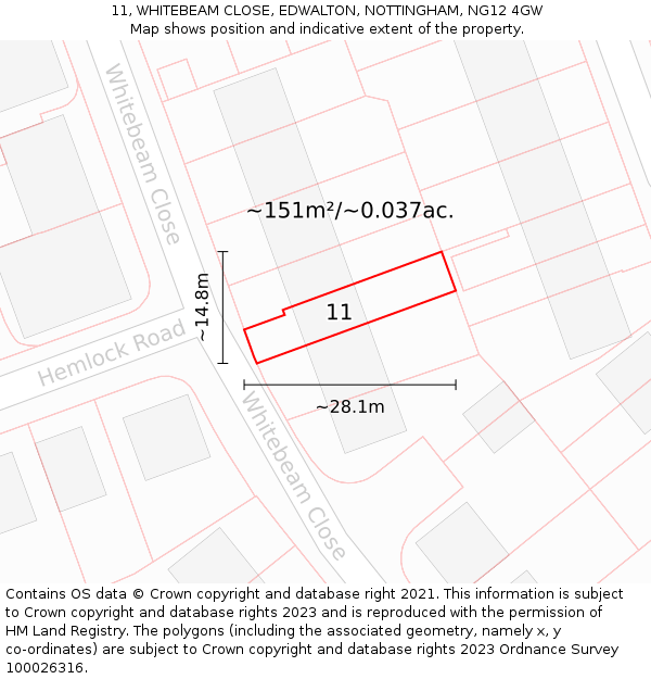 11, WHITEBEAM CLOSE, EDWALTON, NOTTINGHAM, NG12 4GW: Plot and title map