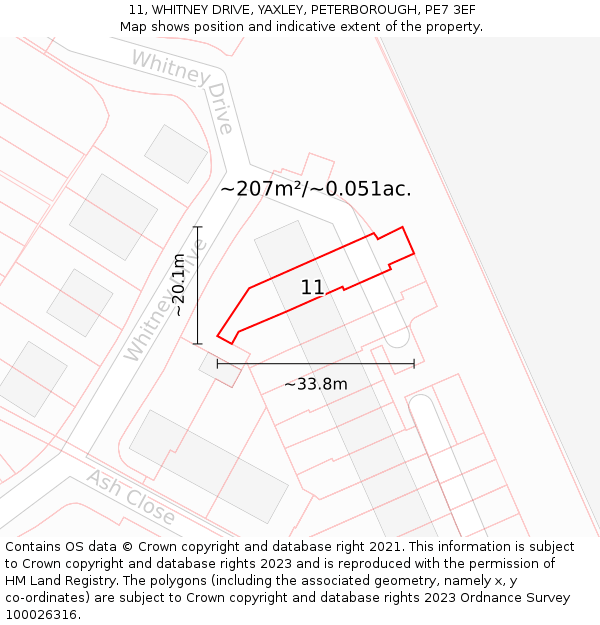 11, WHITNEY DRIVE, YAXLEY, PETERBOROUGH, PE7 3EF: Plot and title map