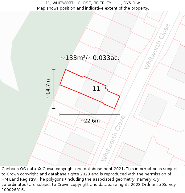 11, WHITWORTH CLOSE, BRIERLEY HILL, DY5 3LW: Plot and title map