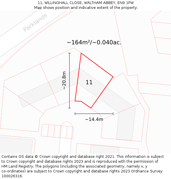 11, WILLINGHALL CLOSE, WALTHAM ABBEY, EN9 1PW: Plot and title map