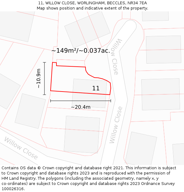 11, WILLOW CLOSE, WORLINGHAM, BECCLES, NR34 7EA: Plot and title map