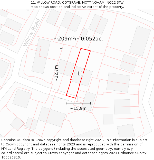 11, WILLOW ROAD, COTGRAVE, NOTTINGHAM, NG12 3TW: Plot and title map