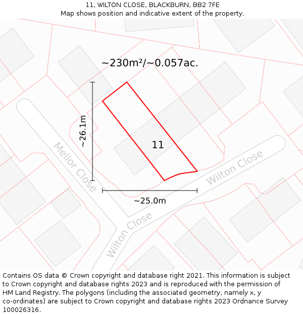 11, WILTON CLOSE, BLACKBURN, BB2 7FE: Plot and title map