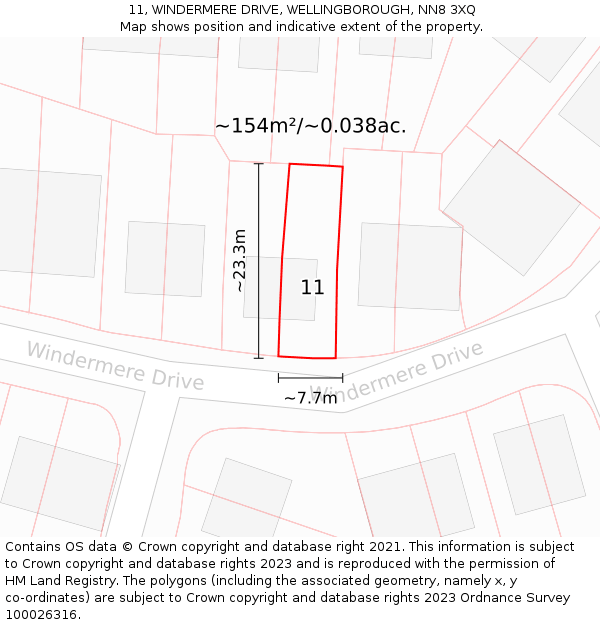 11, WINDERMERE DRIVE, WELLINGBOROUGH, NN8 3XQ: Plot and title map