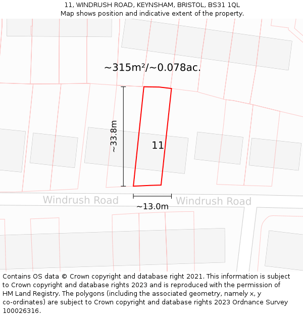 11, WINDRUSH ROAD, KEYNSHAM, BRISTOL, BS31 1QL: Plot and title map