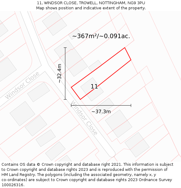 11, WINDSOR CLOSE, TROWELL, NOTTINGHAM, NG9 3PU: Plot and title map