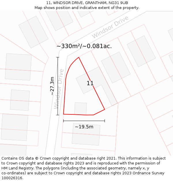 11, WINDSOR DRIVE, GRANTHAM, NG31 9UB: Plot and title map