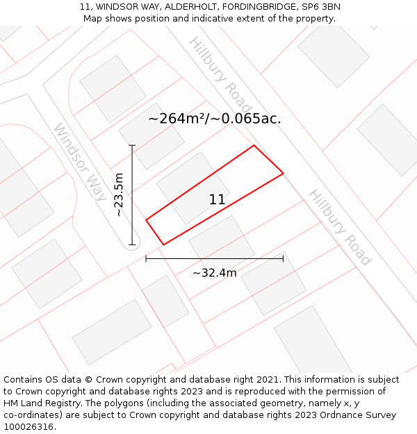 11, WINDSOR WAY, ALDERHOLT, FORDINGBRIDGE, SP6 3BN: Plot and title map