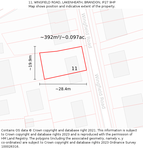 11, WINGFIELD ROAD, LAKENHEATH, BRANDON, IP27 9HP: Plot and title map