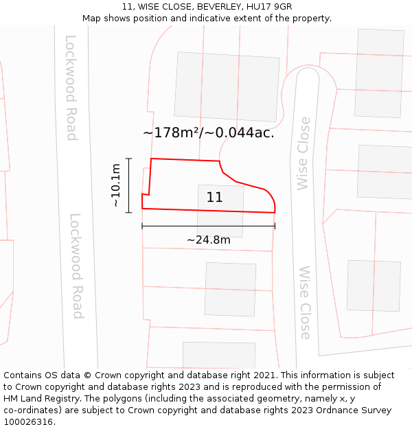 11, WISE CLOSE, BEVERLEY, HU17 9GR: Plot and title map