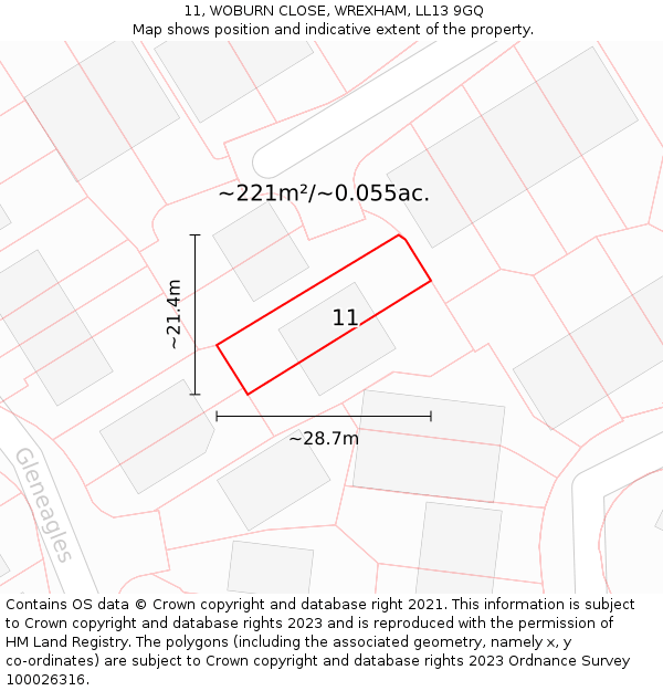 11, WOBURN CLOSE, WREXHAM, LL13 9GQ: Plot and title map