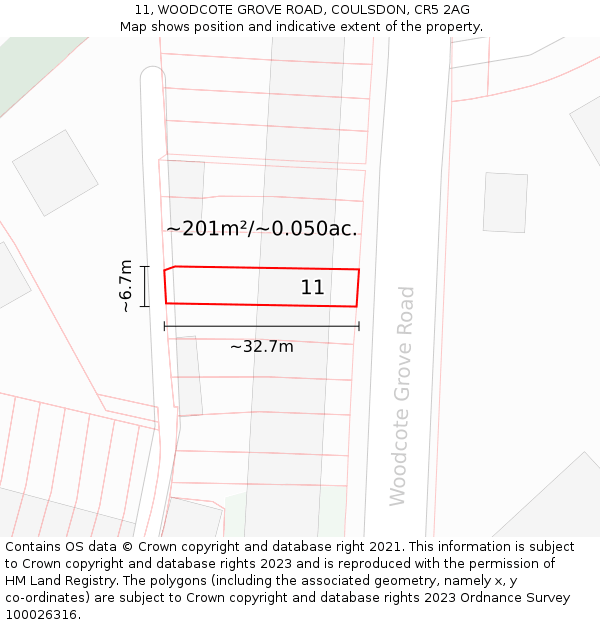 11, WOODCOTE GROVE ROAD, COULSDON, CR5 2AG: Plot and title map