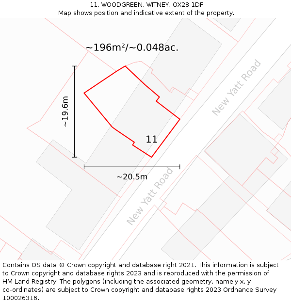 11, WOODGREEN, WITNEY, OX28 1DF: Plot and title map