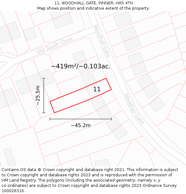 11, WOODHALL GATE, PINNER, HA5 4TN: Plot and title map