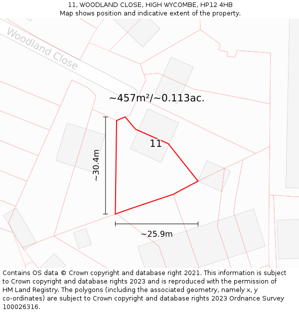 11, WOODLAND CLOSE, HIGH WYCOMBE, HP12 4HB: Plot and title map