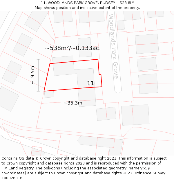 11, WOODLANDS PARK GROVE, PUDSEY, LS28 8LY: Plot and title map