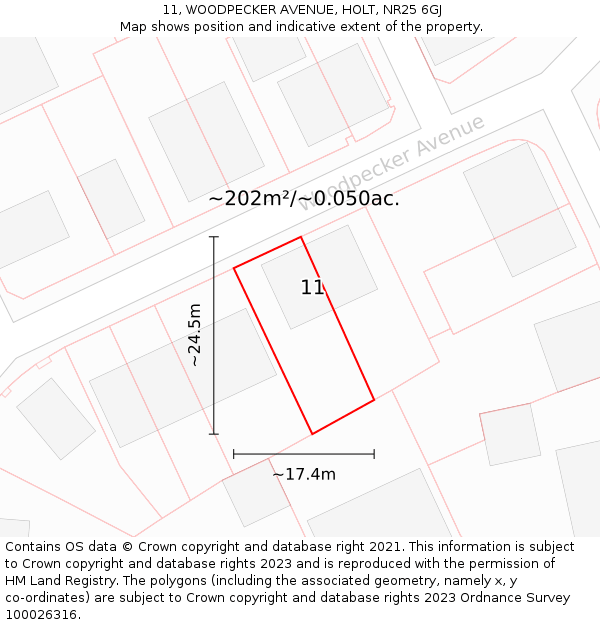 11, WOODPECKER AVENUE, HOLT, NR25 6GJ: Plot and title map