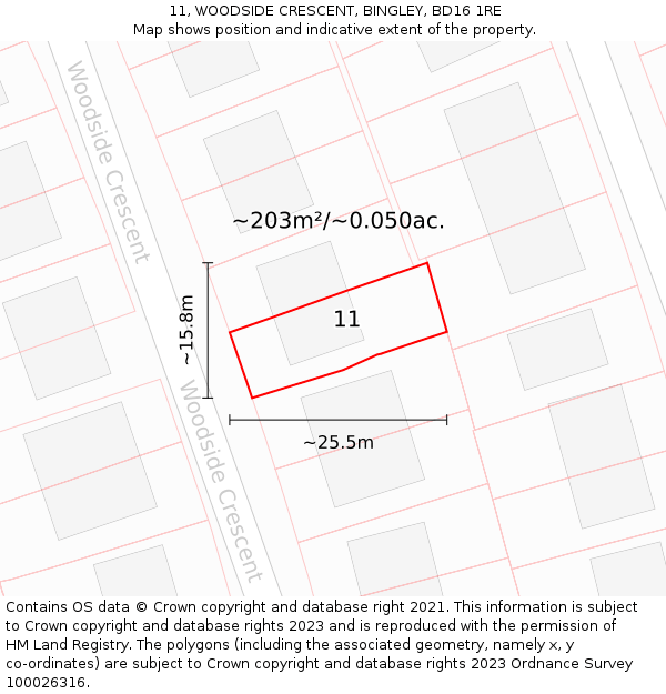 11, WOODSIDE CRESCENT, BINGLEY, BD16 1RE: Plot and title map