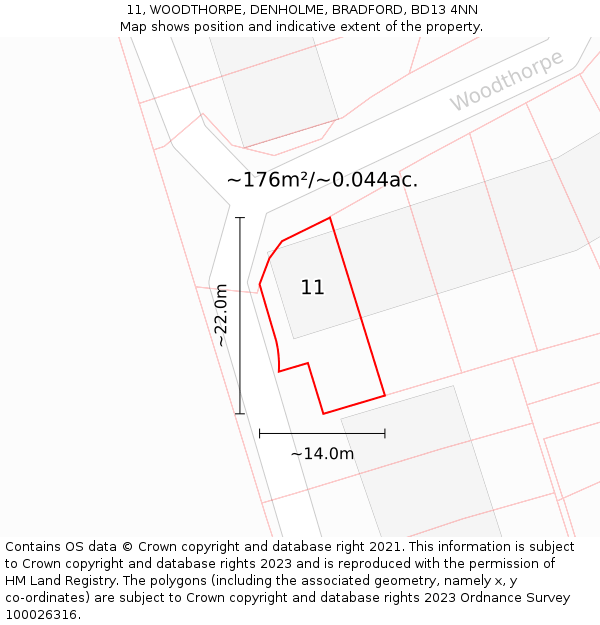 11, WOODTHORPE, DENHOLME, BRADFORD, BD13 4NN: Plot and title map