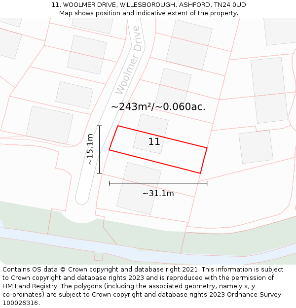 11, WOOLMER DRIVE, WILLESBOROUGH, ASHFORD, TN24 0UD: Plot and title map