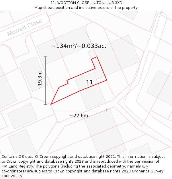 11, WOOTTON CLOSE, LUTON, LU3 3XD: Plot and title map