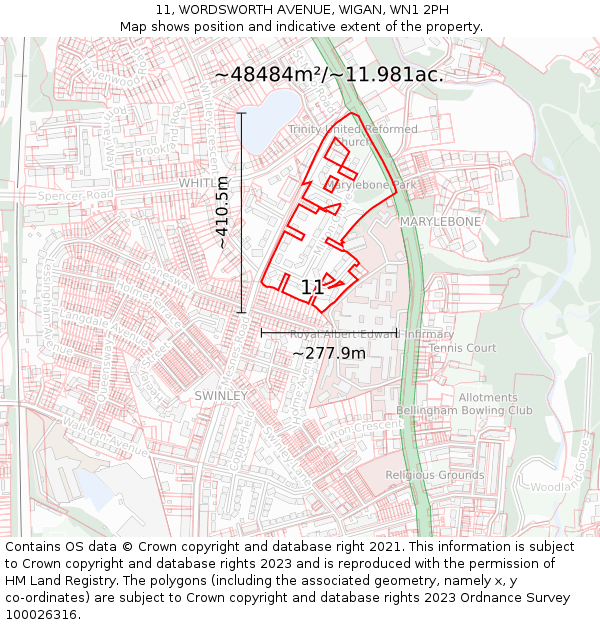 11, WORDSWORTH AVENUE, WIGAN, WN1 2PH: Plot and title map