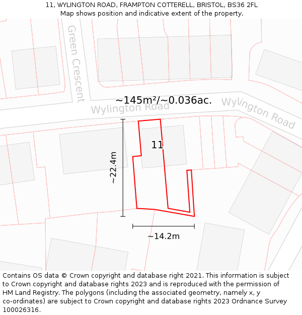 11, WYLINGTON ROAD, FRAMPTON COTTERELL, BRISTOL, BS36 2FL: Plot and title map