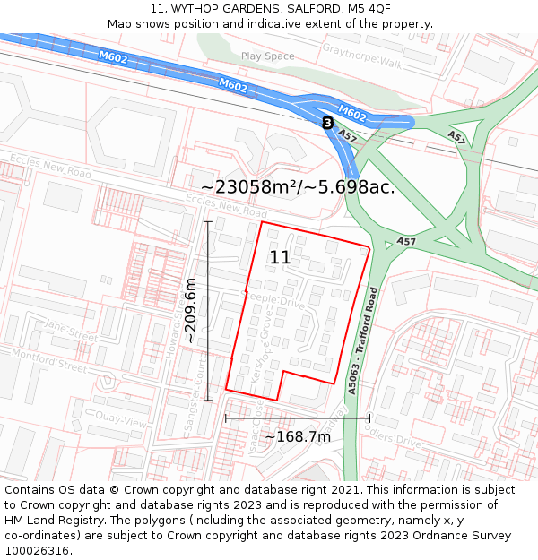 11, WYTHOP GARDENS, SALFORD, M5 4QF: Plot and title map