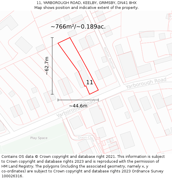 11, YARBOROUGH ROAD, KEELBY, GRIMSBY, DN41 8HX: Plot and title map