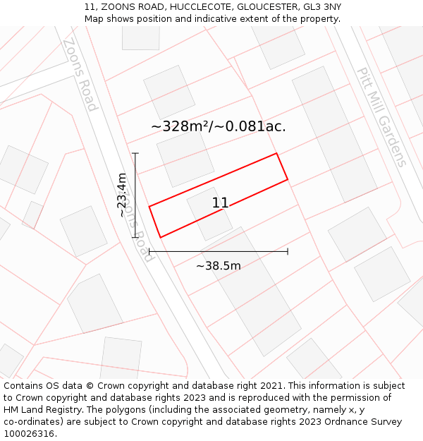 11, ZOONS ROAD, HUCCLECOTE, GLOUCESTER, GL3 3NY: Plot and title map
