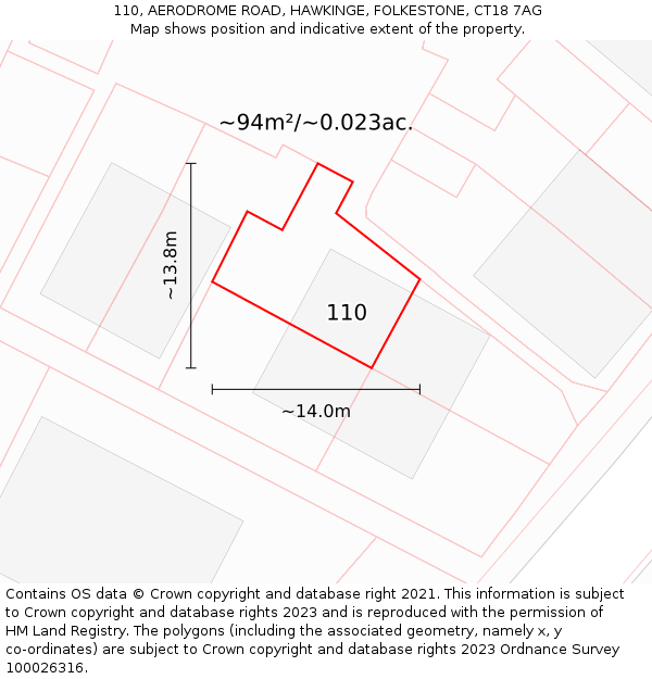 110, AERODROME ROAD, HAWKINGE, FOLKESTONE, CT18 7AG: Plot and title map