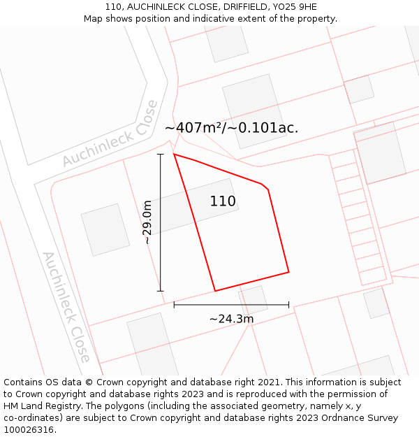 110, AUCHINLECK CLOSE, DRIFFIELD, YO25 9HE: Plot and title map