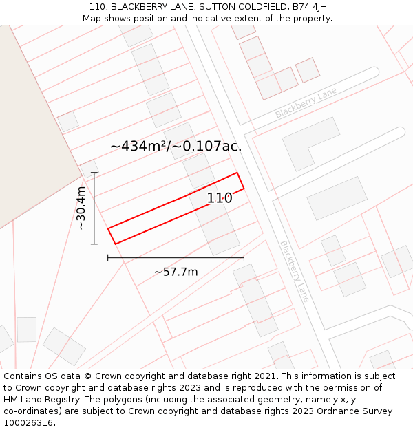 110, BLACKBERRY LANE, SUTTON COLDFIELD, B74 4JH: Plot and title map