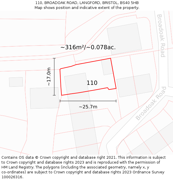 110, BROADOAK ROAD, LANGFORD, BRISTOL, BS40 5HB: Plot and title map