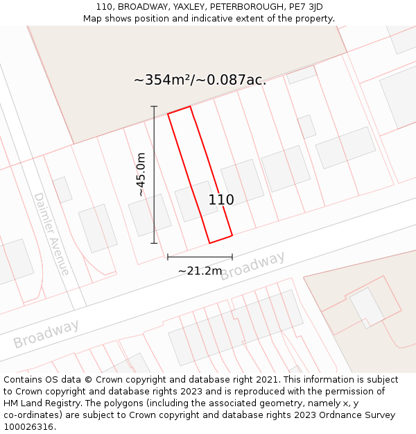 110, BROADWAY, YAXLEY, PETERBOROUGH, PE7 3JD: Plot and title map