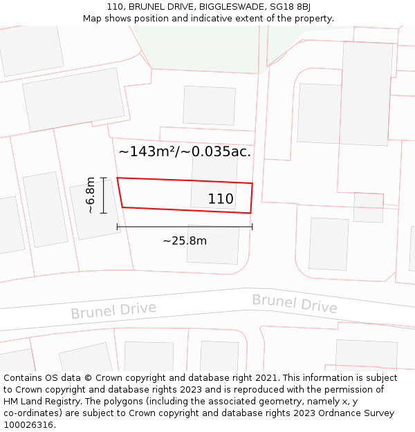 110, BRUNEL DRIVE, BIGGLESWADE, SG18 8BJ: Plot and title map