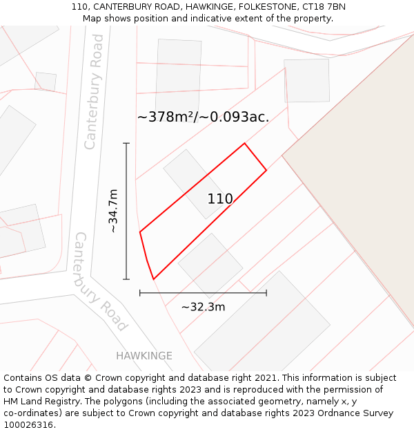 110, CANTERBURY ROAD, HAWKINGE, FOLKESTONE, CT18 7BN: Plot and title map