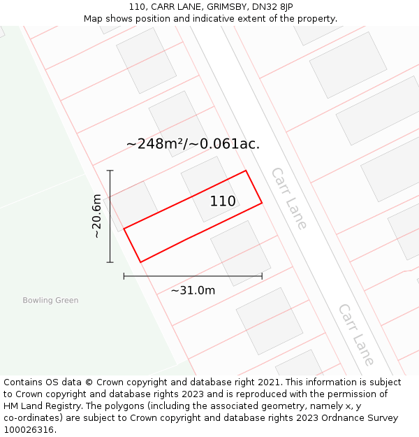 110, CARR LANE, GRIMSBY, DN32 8JP: Plot and title map