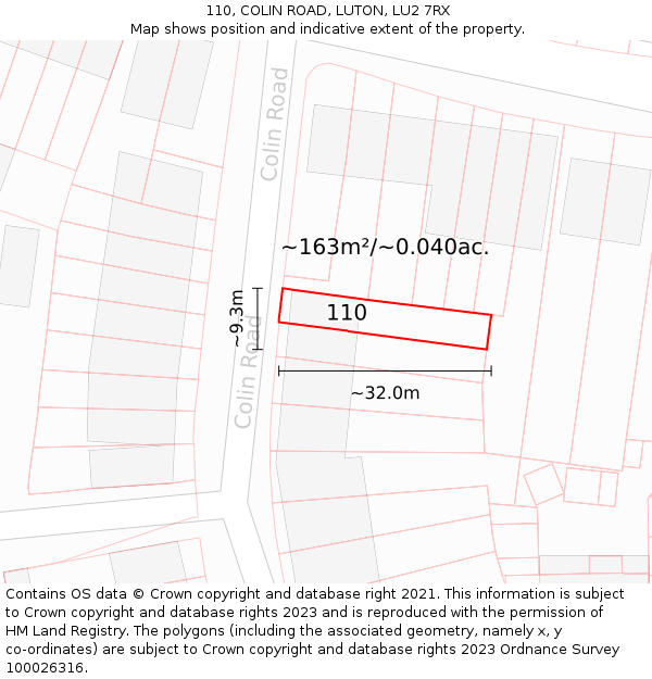 110, COLIN ROAD, LUTON, LU2 7RX: Plot and title map