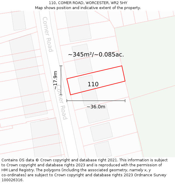 110, COMER ROAD, WORCESTER, WR2 5HY: Plot and title map