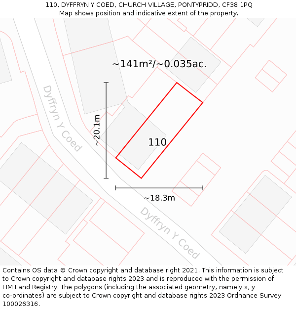 110, DYFFRYN Y COED, CHURCH VILLAGE, PONTYPRIDD, CF38 1PQ: Plot and title map