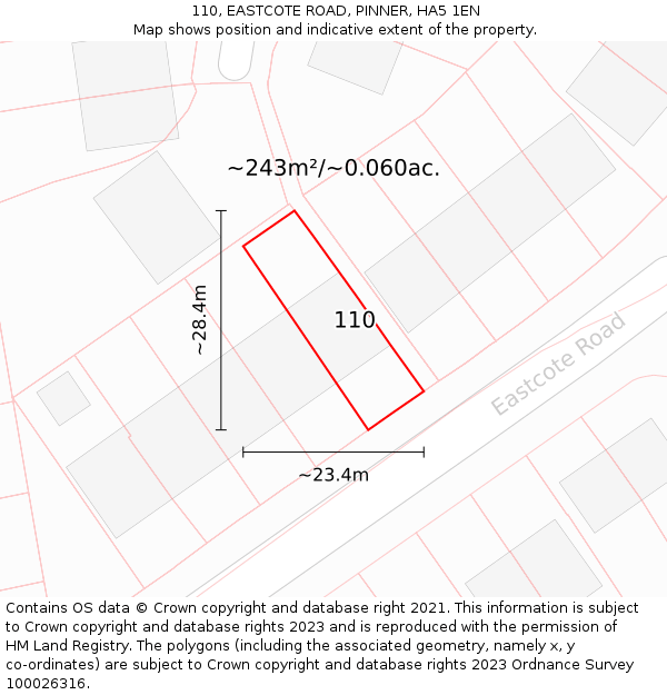 110, EASTCOTE ROAD, PINNER, HA5 1EN: Plot and title map