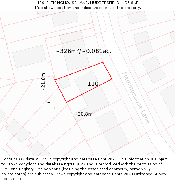 110, FLEMINGHOUSE LANE, HUDDERSFIELD, HD5 8UE: Plot and title map